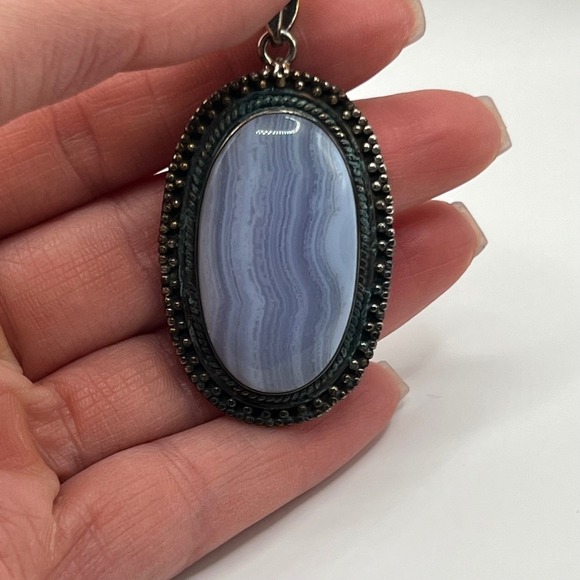 Vintage Sterling Silver Blue Lace Agate Pendant Oval Beaded Edge Setting 925 - Picture 2 of 5
